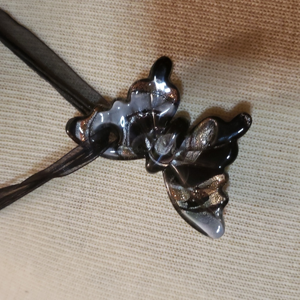 Murano Glass Elegant Black and Silver Butterfly Pendant 16" Necklace